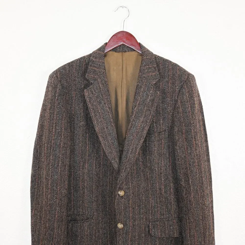 Harris Tweed 44US Scottish Wool Sport Coat Haevy herringbone Brown striped